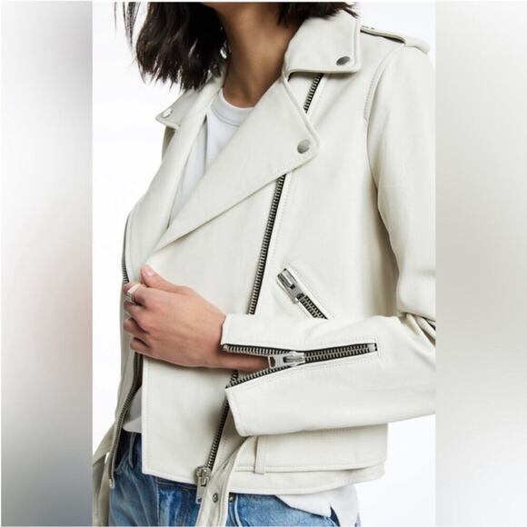 All Saints Leather Biker Balfern Belted Hem Zip Up Long Sleeve Jacket Ivory 8 - Picture 3 of 8